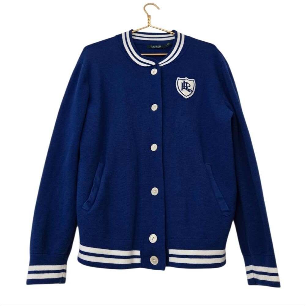 Lauren Ralph Lauren Navy Crest Knit Bomber Sweater Jacket Preppy RLL Logo Large